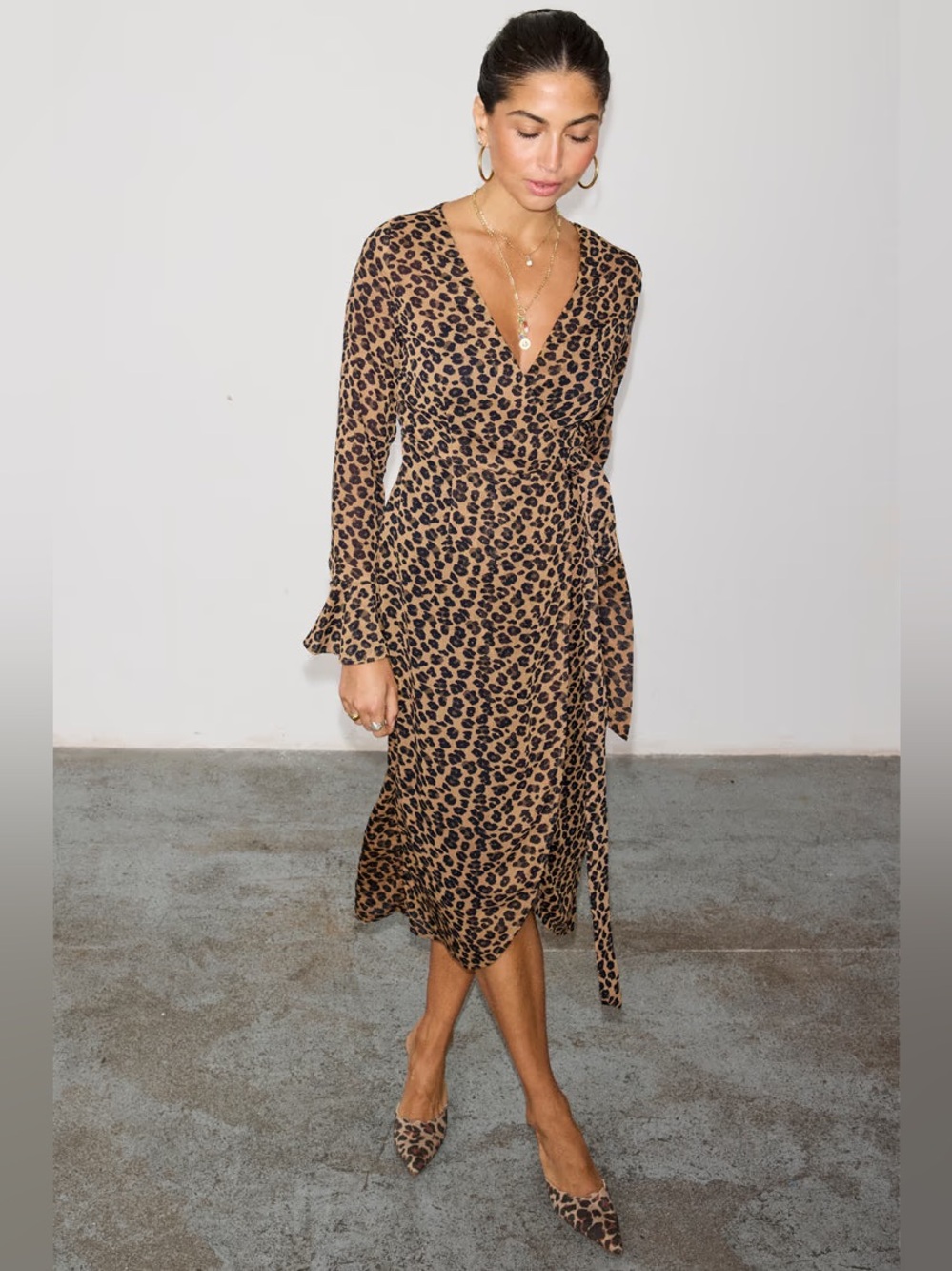 Never Fully Dressed Lucia Leopard Sheer Wrap Midi Dress NWT Size S